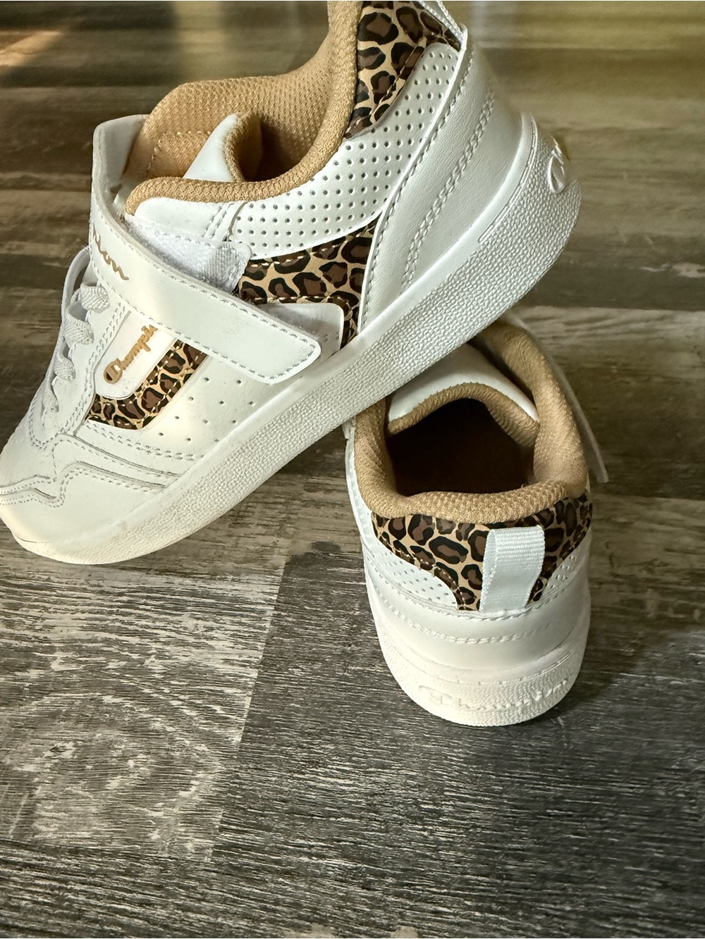 Champion White Kids Sneakers with Leopard Accent and Tan Lining